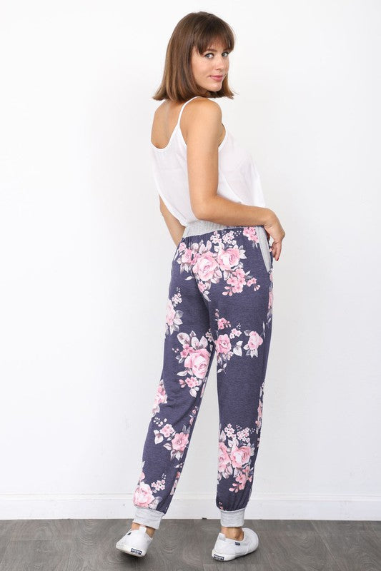 Cozy navy floral print plus size women's sweatpants for lounging
