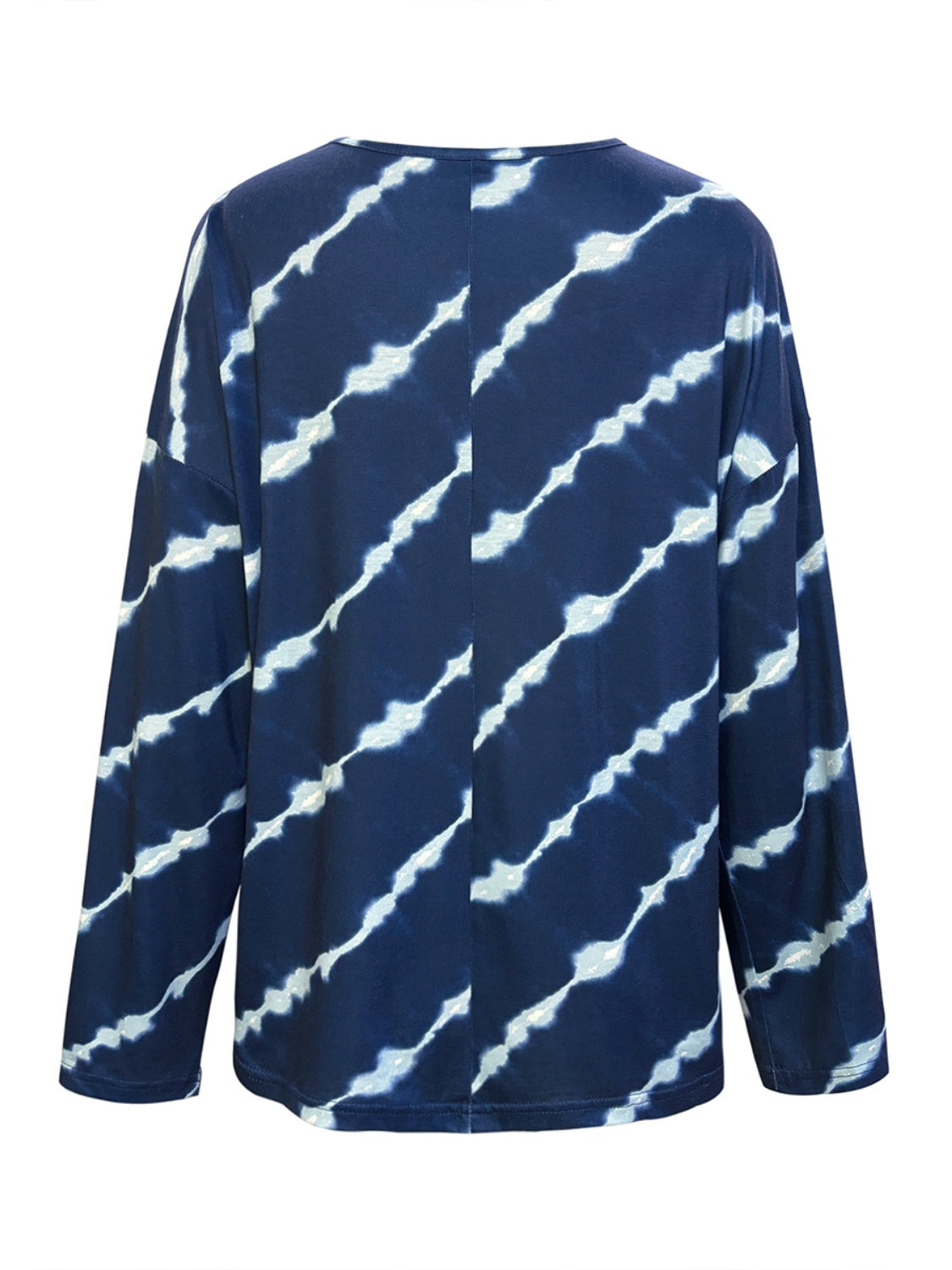 Women’s blue tie-dye print henley top with button front and long sleeves, perfect for a relaxed look.
