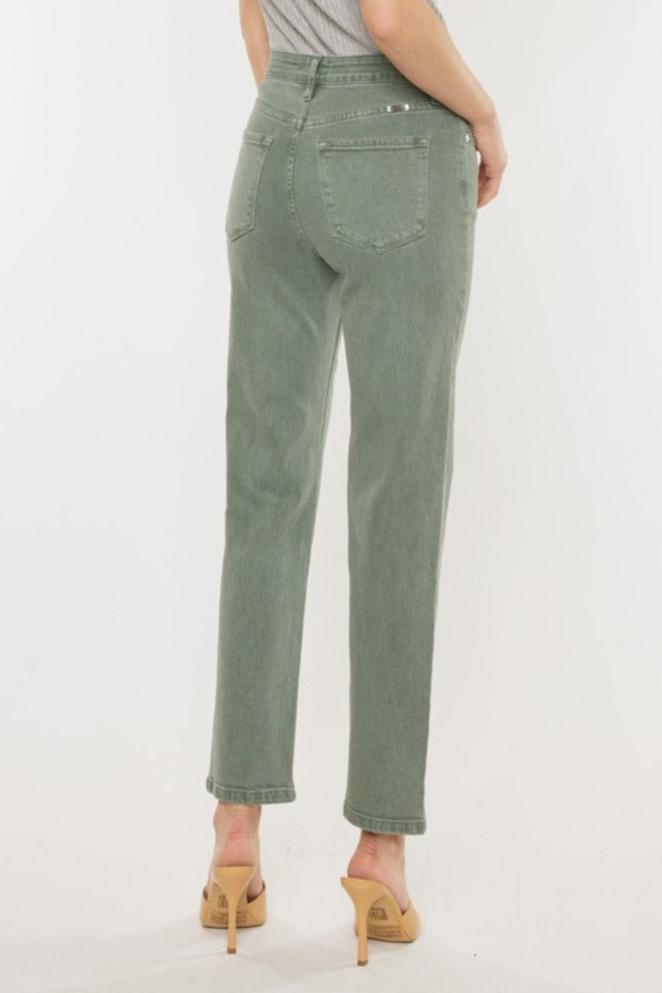 Women's ultra high-rise straight jeans in a stylish olive shade.
