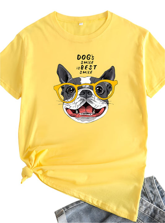 Yellow tee with a cheerful dog graphic and the phrase 'Dog's Smile is Best Smile