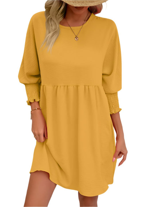 Chic Round Neck Lantern Sleeve Mini Dress for a stylish look. Perfect for any occasion, easy to style, and comfortable all day long