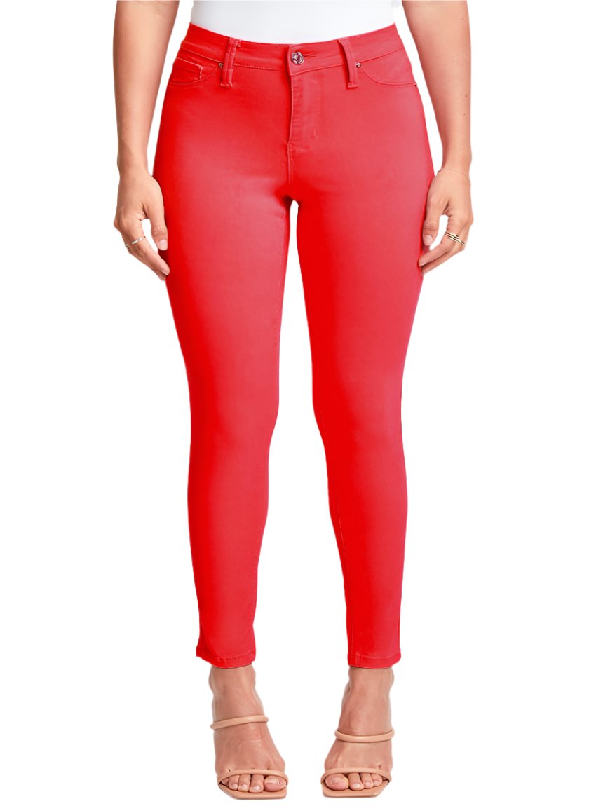 Front view of YMI Hyperstretch Red Skinny Jeans paired with neutral heels.
