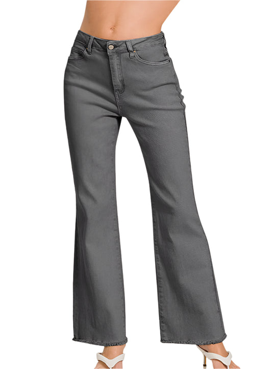 Front view of Zenana gray acid washed bootcut jeans with frayed hem, highlighting their vintage-inspired design.
