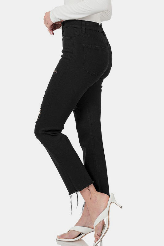 Zenana Jeans | Distressed Raw Hem Cropped Leg | Black Denim