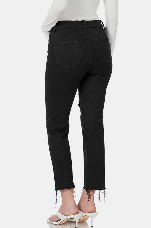 Zenana Jeans | Distressed Raw Hem Cropped Leg | Black Denim