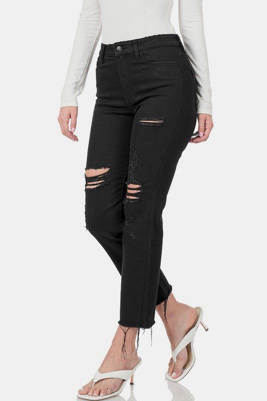 Zenana Jeans | Distressed Raw Hem Cropped Leg | Black Denim