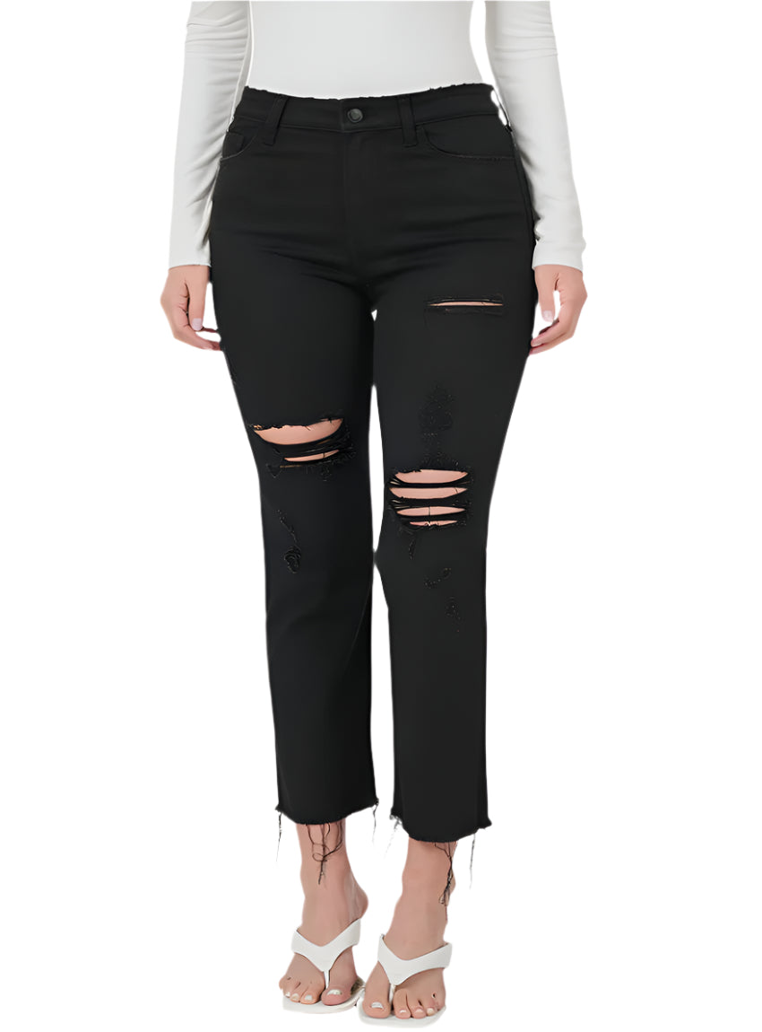 Zenana Jeans | Distressed Raw Hem Cropped Leg | Black Denim