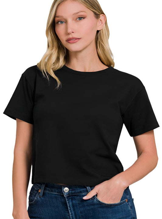 Zenana Round Neck Short Sleeve Cropped T-Shirt in black